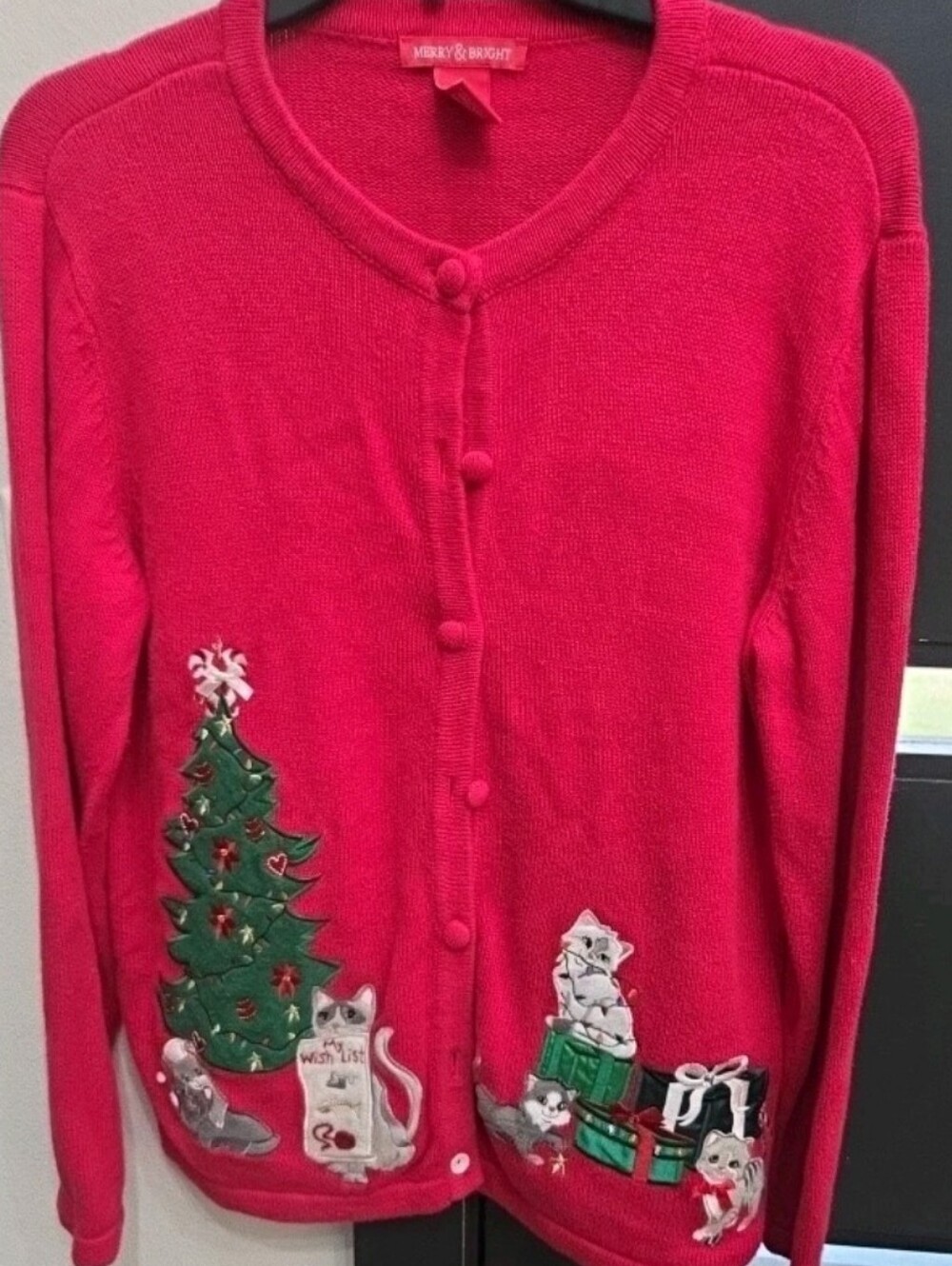 Very J Bright Red Holiday Cardigan with Festive Cat & Tree Appliqués